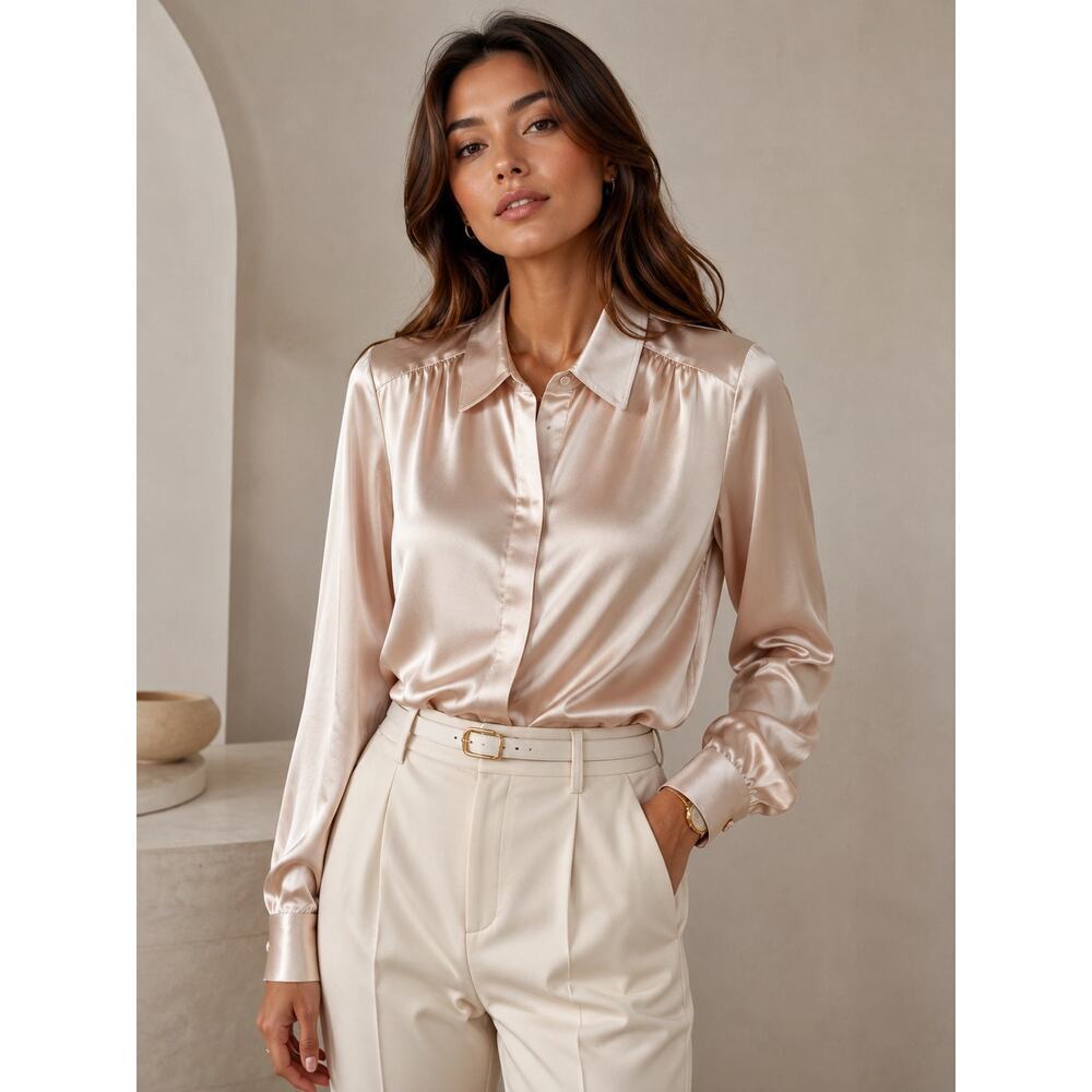 Ann Mashburn 100% Silk Long Sleeve Satin Blouse Shirt Light Pink Women's Size